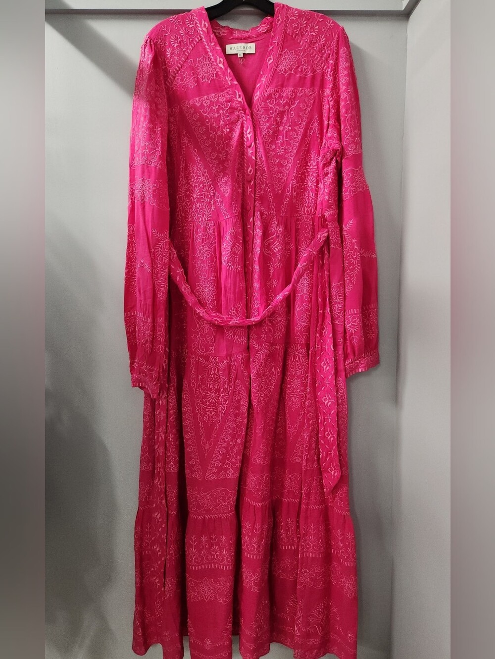 Hale Bob Pink Button Front Embroidered Maxi Dress Long Sleeve Size XL